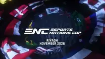 ENC Esports Nations Cup logo is centered, surrounded by various national flags. Text reads Riyadh November 2026. Dark backdrop.