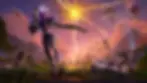 Fortnite game characters armed with guns in dynamic action, sunset sky with explosion, hot air balloon, and mountains in background, evoking a tense mood.