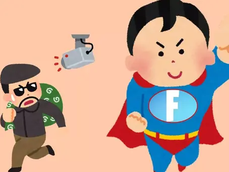 Cartoon superhero with "F" emblem in blue suit and red cape flies towards a fleeing burglar. Security camera in background on pink backdrop.