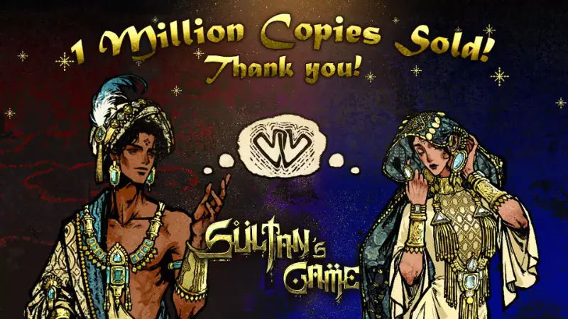Two ornate figures with decorative attire gesture towards text reading "1 Million Copies Sold! Thank you!" with "Sultan's Game" below.