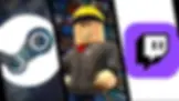 Three images: Cartoon character in a hoodie and yellow hat is from Roblox, Steam and Twitch logos. Background shows vibrant, colorful game icons.