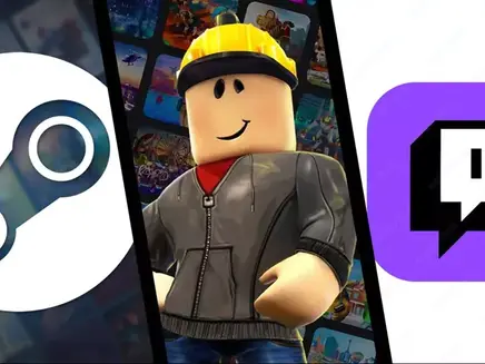 Three images: Cartoon character in a hoodie and yellow hat is from Roblox, Steam and Twitch logos. Background shows vibrant, colorful game icons.