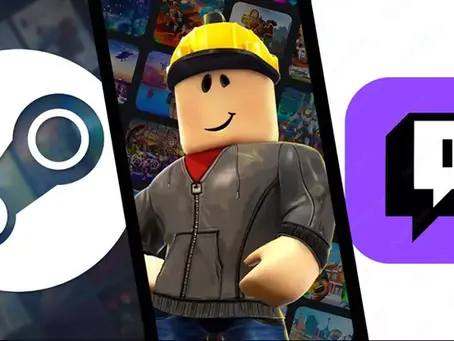Three images: Cartoon character in a hoodie and yellow hat is from Roblox, Steam and Twitch logos. Background shows vibrant, colorful game icons.