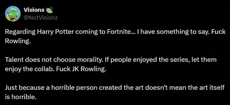 Twitter post by Visions criticizing JK Rowling, discussing Harry Potter and Fortnite collaboration, with strong language and opinion.