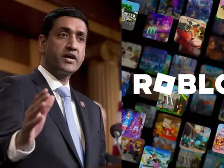Congressman Ro Khanna speaking passionately at podium, wearing suit and tie. Background: Roblox game tiles with "ROBLOX" text, colorful and digital theme.