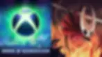Split image: Left shows Xbox logo with city skyline and "XBOX @ GAMESCOM" text. Right features a character wielding a needle in a fiery scene is from Hollow Knight: Silksong video game.