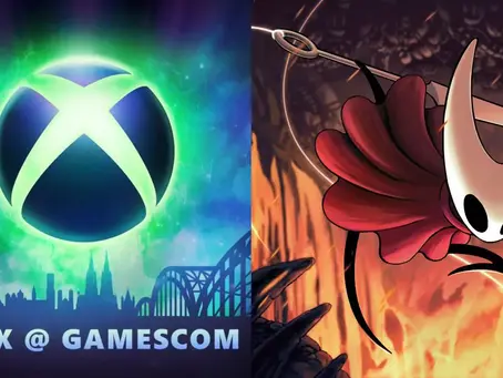 Split image: Left shows Xbox logo with city skyline and "XBOX @ GAMESCOM" text. Right features a character wielding a needle in a fiery scene is from Hollow Knight: Silksong video game.
