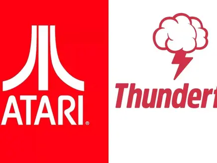 Atari logo on red background left, Thunderful logo with cloud and lightning on white background right. Bold red and white theme.