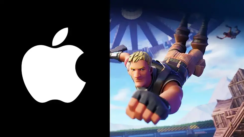 Fortnite Character skydiving against a blue sky, surrounded by buildings. Apple logo in white on a black background to the left. Dynamic mood.