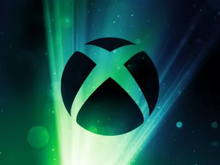 Xbox logo with green light beams and starry background, featuring dark blue and green hues. Emphasizes a dynamic and futuristic mood.