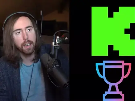 Asmongold with headphones and a microphone speaks; next to a neon green "K" for Kick streaming platform and a colorful trophy icon on a black background. its about Asmongold toping the Streamer list in world.