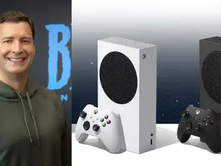 Mike Ybarra in one picture and Xbox Series S and X consoles in the second one.