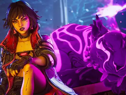 Borderlands 4 woman in a red jacket sits confidently beside a glowing, purple-striped tiger. Vibrant neon lights illuminate the scene with a futuristic vibe.