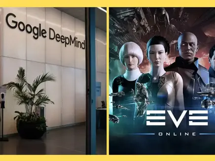 Google DeepMind office with plant on left; EVE Online game poster with characters and spaceships on right. Contrast of reality and gaming.
