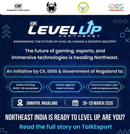 "LevelUp Northeast event poster for AVGC-XR, gaming, and esports set in Dimapur, Nagaland on 28-29 March 2026. Blue tech-themed design."