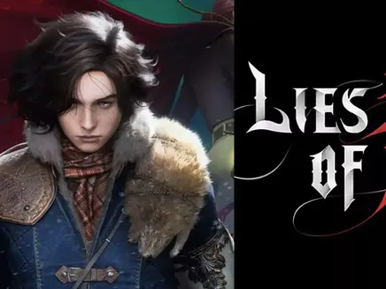 Young character with dark hair in a fur-lined coat, intense gaze. Red and green backdrop. Text: Lies of P, stylized in white and red.