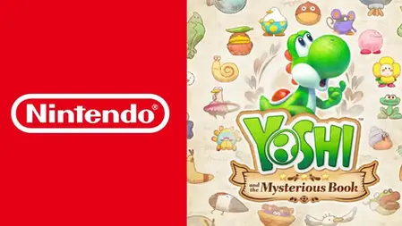 Nintendo logo on red, right side shows Yoshi and colorful creatures with text "Yoshi and the Mysterious Book" on a light background.