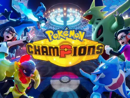 Animated characters and Pokémon in a stadium, with a glowing "Pokémon Champions" logo. Energetic battle scene, vibrant colors.