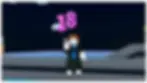 Roblox character holding pink "18" balloons at night. Standing on a platform with a bright sky, wearing black and blue attire. Smiling.