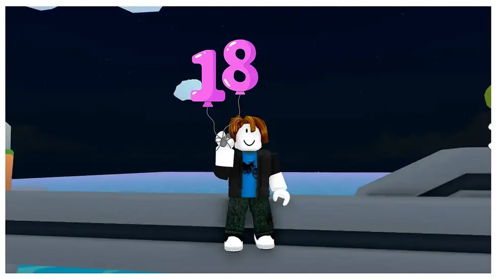 Roblox character holding pink "18" balloons at night. Standing on a platform with a bright sky, wearing black and blue attire. Smiling.