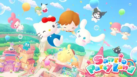 Cartoon characters float with balloons over a colorful amusement park. Text reads "Sanrio Party Land." Joyful, vibrant scene.