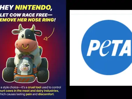 Cow in a kart with a nose ring is pictured. Text: "Hey Nintendo, let cow race free—remove her nose ring!" PETA logo is on the right.