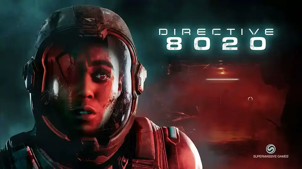 A person in a space helmet looks concerned, set against a dark, moody background. Text reads "DIRECTIVE 8020" with a red glow.