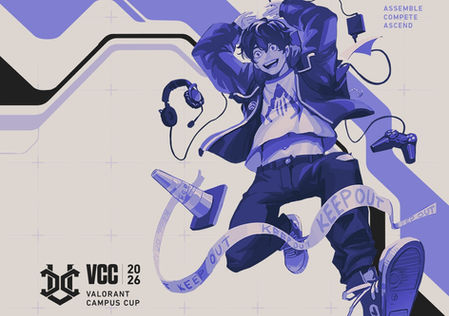 Anime gamer jumps amid headphones, controller and Keep Out tape; VCC 2026 Valorant Campus Cup poster with Assemble Compete Ascend.