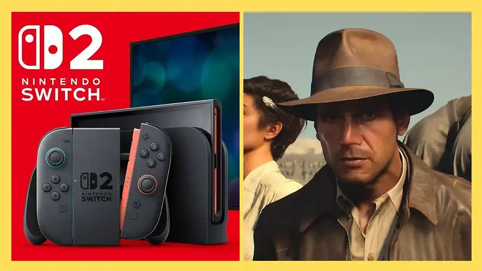 Split image: Left shows Nintendo Switch 2 with Joy-Con controllers on a red background. Right depicts a person in a hat from Indiana Jones and the Great Circle.