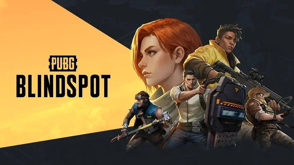 PUBG Blindspot artwork featuring four characters with weapons. A red-haired profile is prominent. Bold yellow-black background with text.