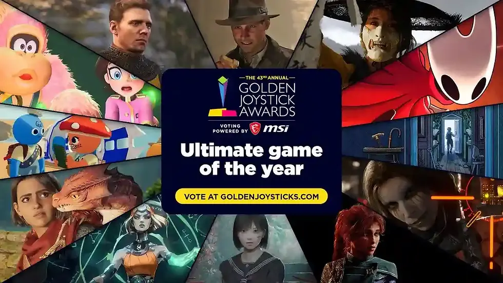 Video game characters surround text: The 43rd Annual Golden Joystick Awards, Ultimate Game of the Year. Ultimate Game of the Year Nominees (12 Titles)Leading the charge are Indiana Jones and the Great Circle, Ghost of Yōtei, and Split Fiction, but they’re not alone. The full list of 12 nominees also includes Blue Prince, Clair Obscur: Expedition 33, Death Stranding 2: On The Beach, Donkey Kong Bananza, Hades II, Hollow Knight: Silksong, Kingdom Come: Deliverance II, Peak, and Silent Hill f. It’s a mix of blockbuster sequels, ambitious indies, and long-awaited returns, which makes the competition especially exciting this year.