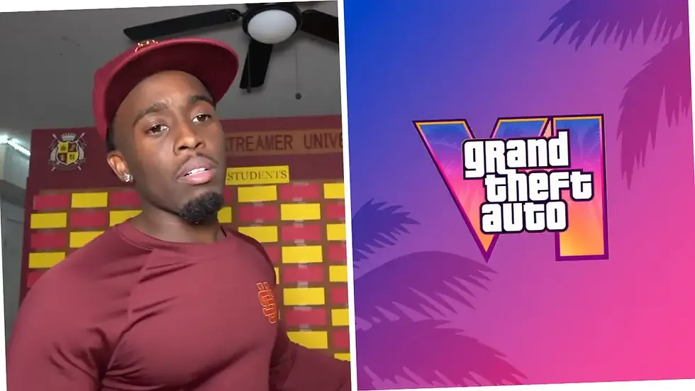 Split image of Kai Cenat in a maroon cap and shirt beside a Grand Theft Auto VI logo on a purple-pink background.