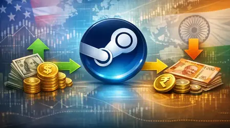 Coins, dollar and rupee bills, arrows, and the Steam logo. Background features US and Indian flags, highlighting currency exchange.