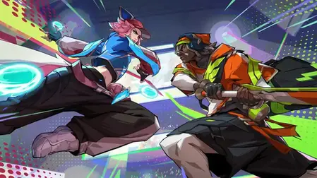 Two anime-style fighters from 2XKO clash with glowing energy blades in a neon arena, one pink-haired in blue, one in orange.
