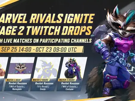 Rocket Raccoon in purple armor holding a large weapon. Marvel Rivals Ignite Stage 2 Twitch Drops promo with dates Sep 25-Oct 23, UTC times.
