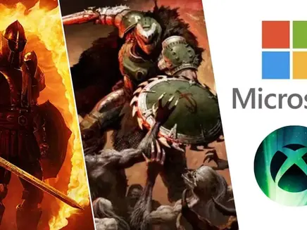 A knight in fiery armor is from elder Schroll 4 remastered, a warrior battling creatures is from Doom the dark ages, Microsoft logo, and Xbox symbol on a split background of orange and green.