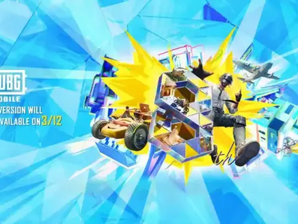 PUBG Mobile 4.3 update release poster with dynamic graphics, vehicles, plane, and player on a vibrant blue-yellow background. Release on 3/12.