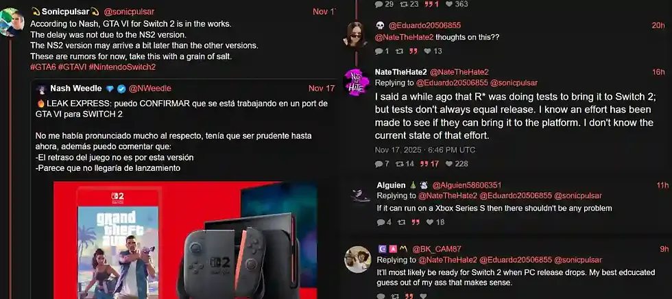 Social media discussion about GTA 6 for Nintendo Switch 2. Comments speculate on release timing, with vibrant neon interface and game image.