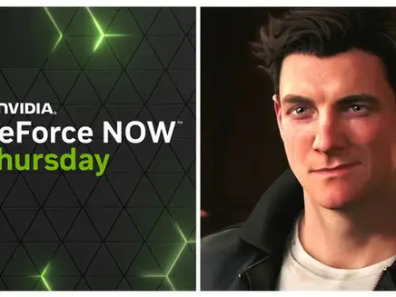 Split image: Left side shows "NVIDIA GeForce NOW Thursday" on a geometric pattern; right side features a smiling animated character from 007 First Light game..