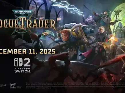 Futuristic battle scene with diverse characters wielding weapons and magic, set in an alien world. Text: Warhammer 40,000: Rogue Trader. Release date December 11, 2025, Nintendo Switch logo.