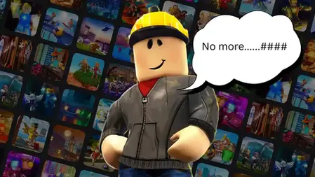 Roblox character in a gray jacket and yellow hat stands smiling, saying "No more......###" with game icons in the background.