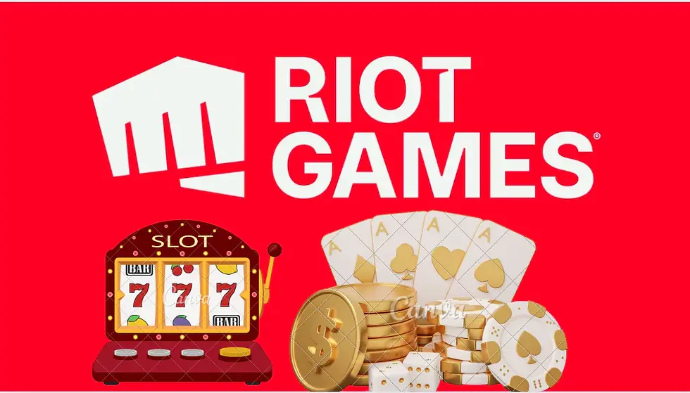Slot machine and poker chips on a red background with "Riot Games" text. Includes cards, dice, and coins, creating a gaming vibe.