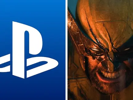 Split image: PlayStation logo on blue left, and a fierce close-up of Wolverine with claws and grimacing face on the right