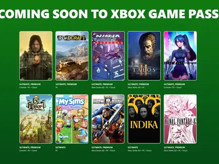 Upcoming Xbox Game Pass titles displayed on a green background. Includes Death Stranding, Talos Principle, and more. Text: "COMING SOON TO XBOX GAME PASS".