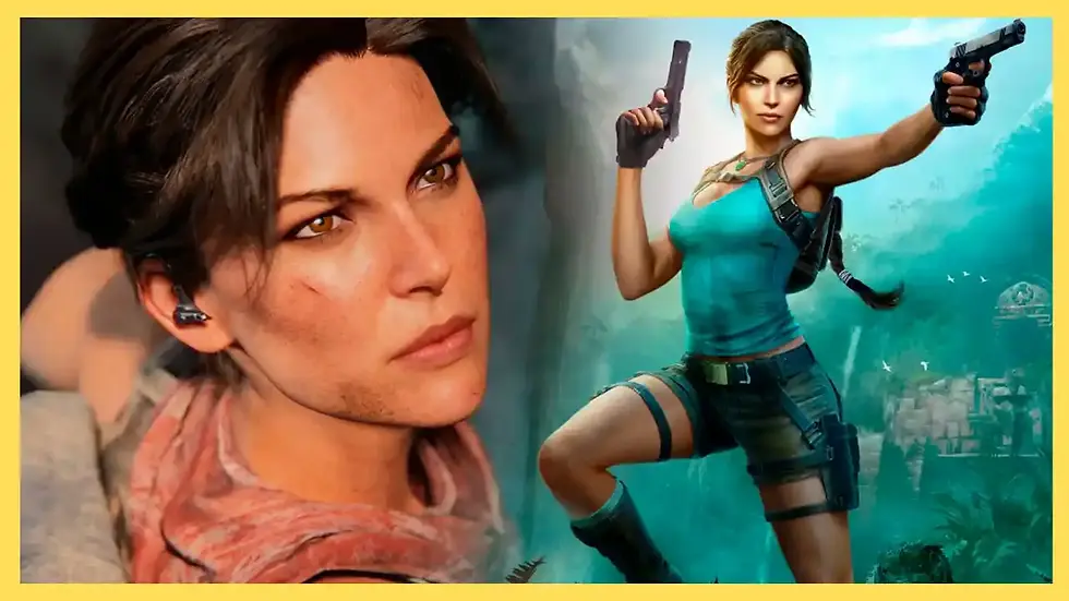 Woman in a blue top aiming guns, set in a jungle. Close-up of her intense face with a red scarf. Bold, adventurous mood.