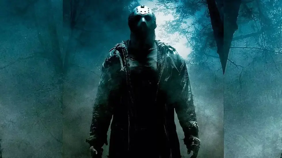 A masked figure from Friday The 13th: The Game stands in a foggy, eerie forest. Dark attire blends with shadowy trees. The atmosphere is tense and ominous.
