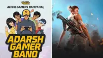 Split poster: cartoon gamers with ADARSH GAMER BANO and PLAY IT RIGHT; armed female game character in smoky blue scene.