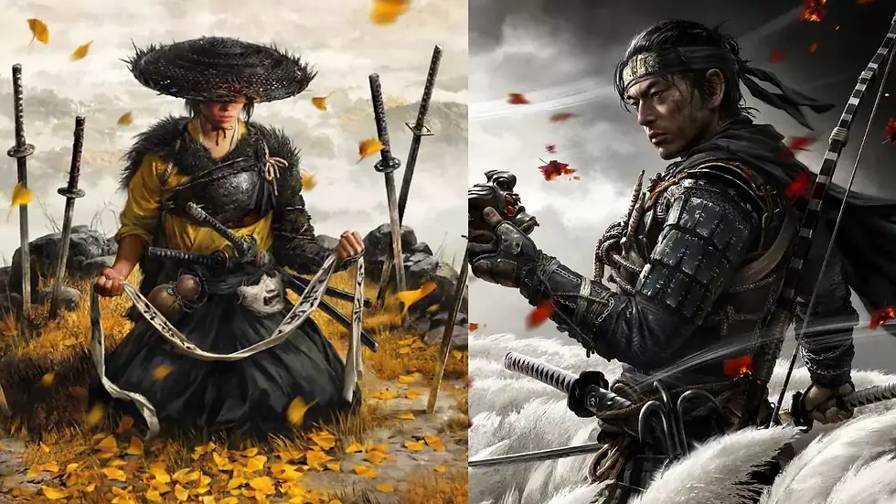 two images. Both are posters of Ghost of Yotei and its predecessor, Ghost of Tsushima.