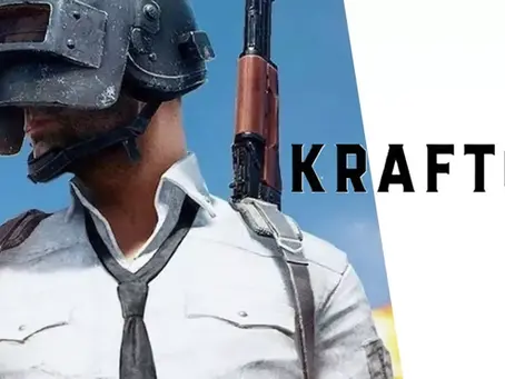 A PUBG character wears a helmet and white shirt with a black tie, carrying a weapon on the shoulder. "Krafton" text appears on a blue sky background.