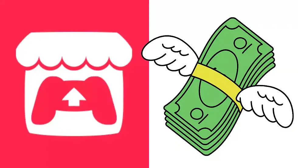 Red and white store icon for itch.io with a game controller next to a flying stack of green bills with wings on a white background.